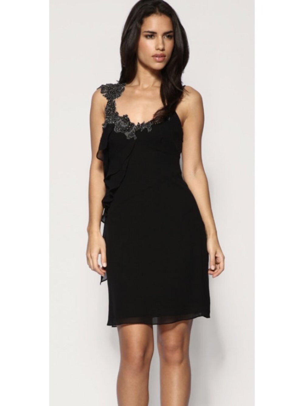KAREN MILLEN 100% Silk Beaded Ruffle Chiffon Dress US 6 Whimsigoth Dark Romantic